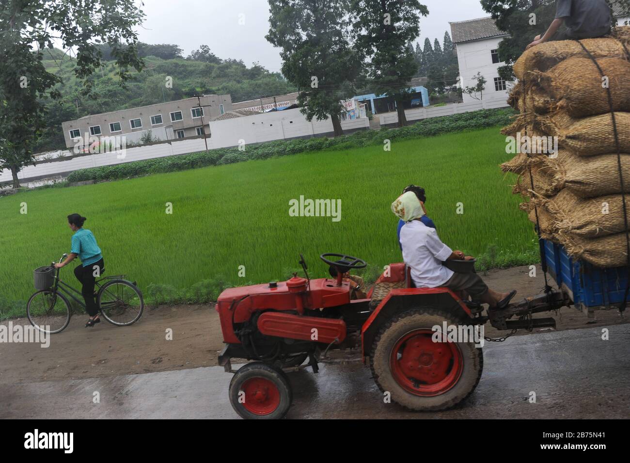 12.08.2012, Wonsan, Nordkorea, Asien - Street-Szene mit Traktor im Kolkhoz Chonsam nahe der Stadt Wonsan. [Automatisierte Übersetzung] Stockfoto