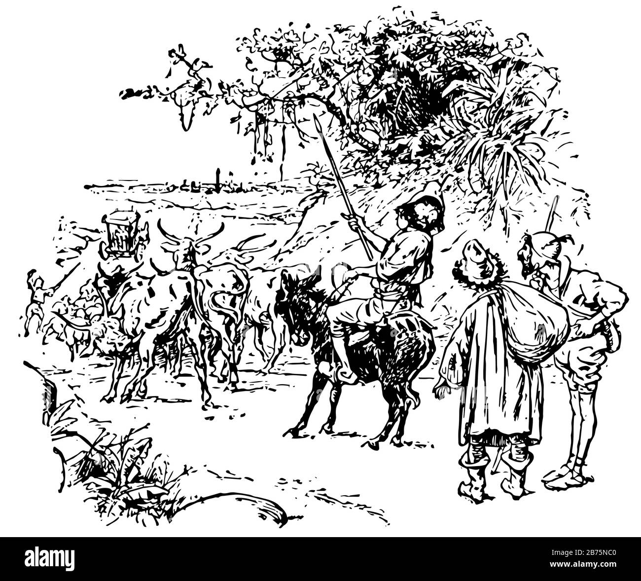 Mann auf Esel, diese Szene zeigt einen Mann, der auf einem Esel sitzt und Speer in der einen Hand hält und zurückblickt, zwei Menschen, die hinter ihm spazieren gehen, andere Tiere w Stock Vektor