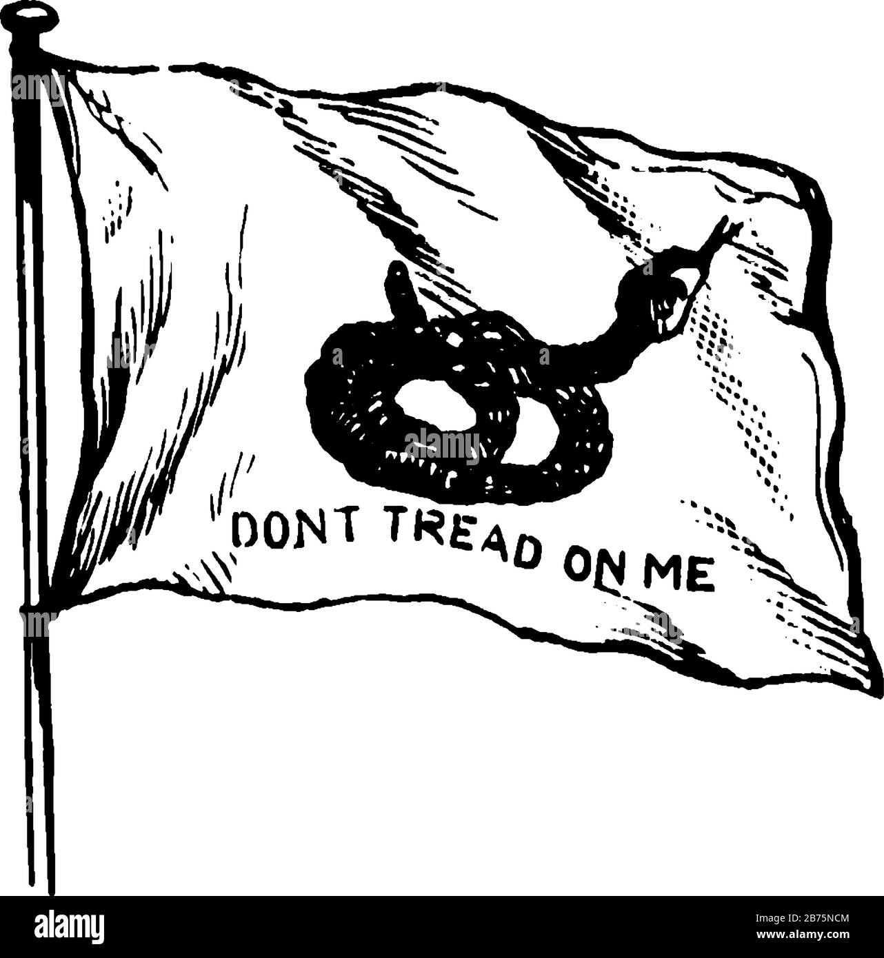 Klapperschlange Fahne von South Carolina, im Jahr 1895, diese Fahne hat Schlange in der Mitte, NICHT AUF MICH treten ist auf Flagge, Vintage-Linie Zeichnung oder Gravur illust geschrieben Stock Vektor