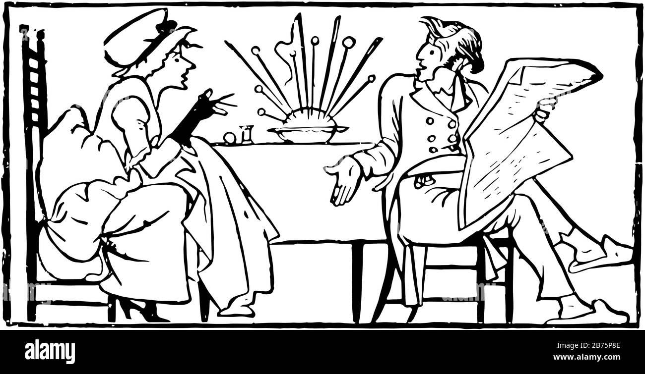 Nadeln und Pins, dieses Bild zeigt Mann und Frau, die auf Stühlen in der Nähe des Tisches sitzen, einen Mann, der Zeitung liest und mit Frau, Nadeln und Stiften spricht Stock Vektor