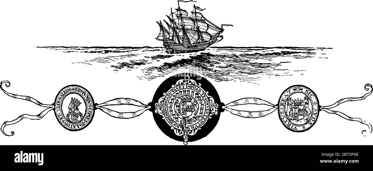 Dieses Siegel ist ein Schiff und ein altes englisches Meer und hat drei Kreise, drei Kreise, die drei verschiedene Siegel darstellen, und hat Schiff und Meer im Hintergrund, Vinta Stock Vektor
