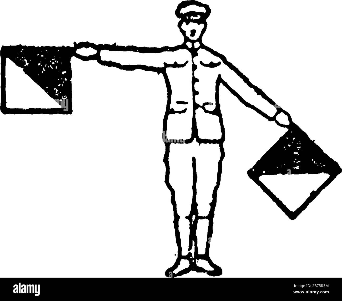 Flaggensignal für den Buchstaben S, ein Mann, der zwei Flaggen hält, die rechte Fahne ist 90 Grad rechts, die linke Fahne ist 45 Grad links unten, Vint Stock Vektor