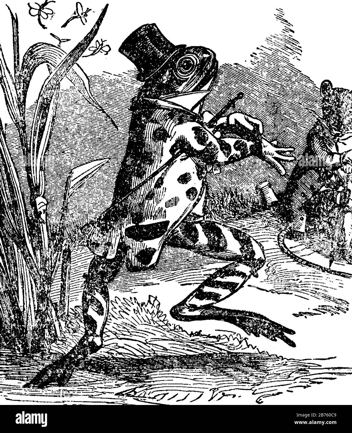 Ein Frosch mit Hut auf Kopf und Stock, ein weiteres Tier im Hintergrund, Vintage-Linien-Zeichnung oder Gravier-Illustration Stock Vektor