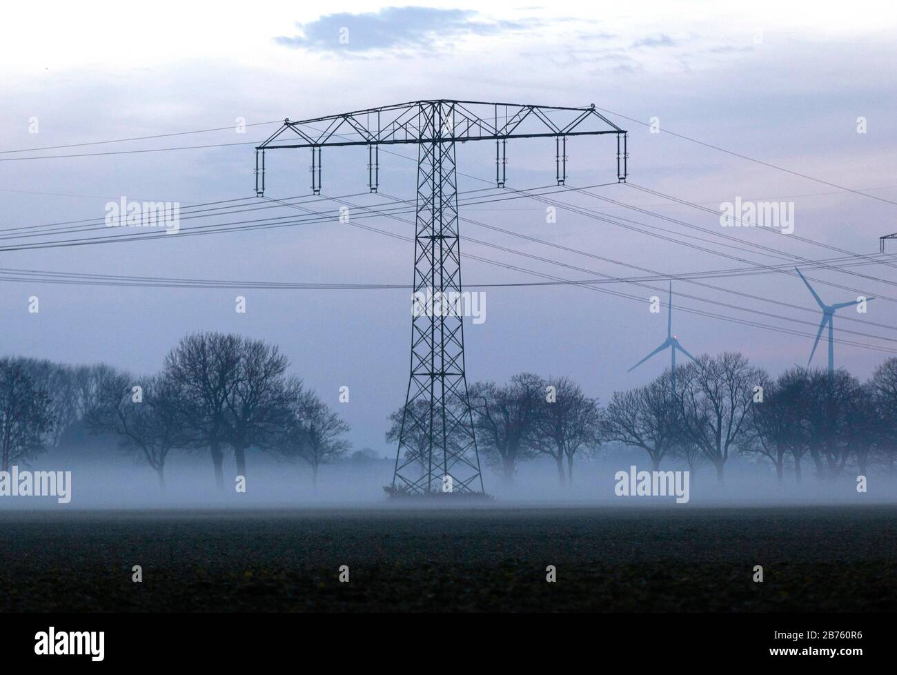 Stromleitungen und Strompfosten im Nebel auf einem Feld mit Bäumen in Nauen, 23.11.2016. [Automatisierte Übersetzung] Stockfoto