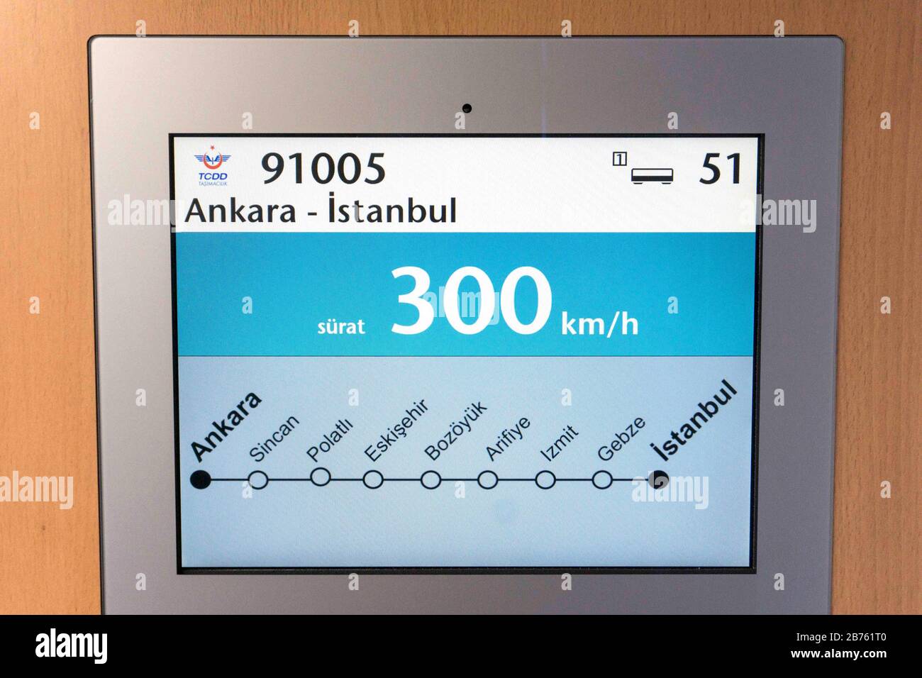 Eine Informationstafel zeigt die Zugstrecke von Ankara nach Istanbul in der Türkei in einem Abteilwagen der Schnellfahrstrecke Siemens Velaro am 20.09.2016 auf der Berliner InnoTrans Messe. Die türkische Staatsbahn TCDD hat auf dieser Strecke bereits einen Velaro in Betrieb, weitere sechs Schnellzüge folgen bis 2017. [Automatisierte Übersetzung] Stockfoto