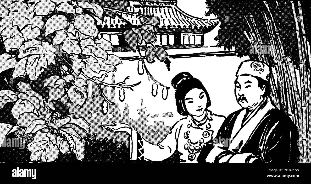 Eine Frau, die mit einem Mann spricht, der in der Nähe von ihr steht, Haus und Bäume im Hintergrund, Vintage-Linien-Zeichnung oder Gravier-Illustration Stock Vektor