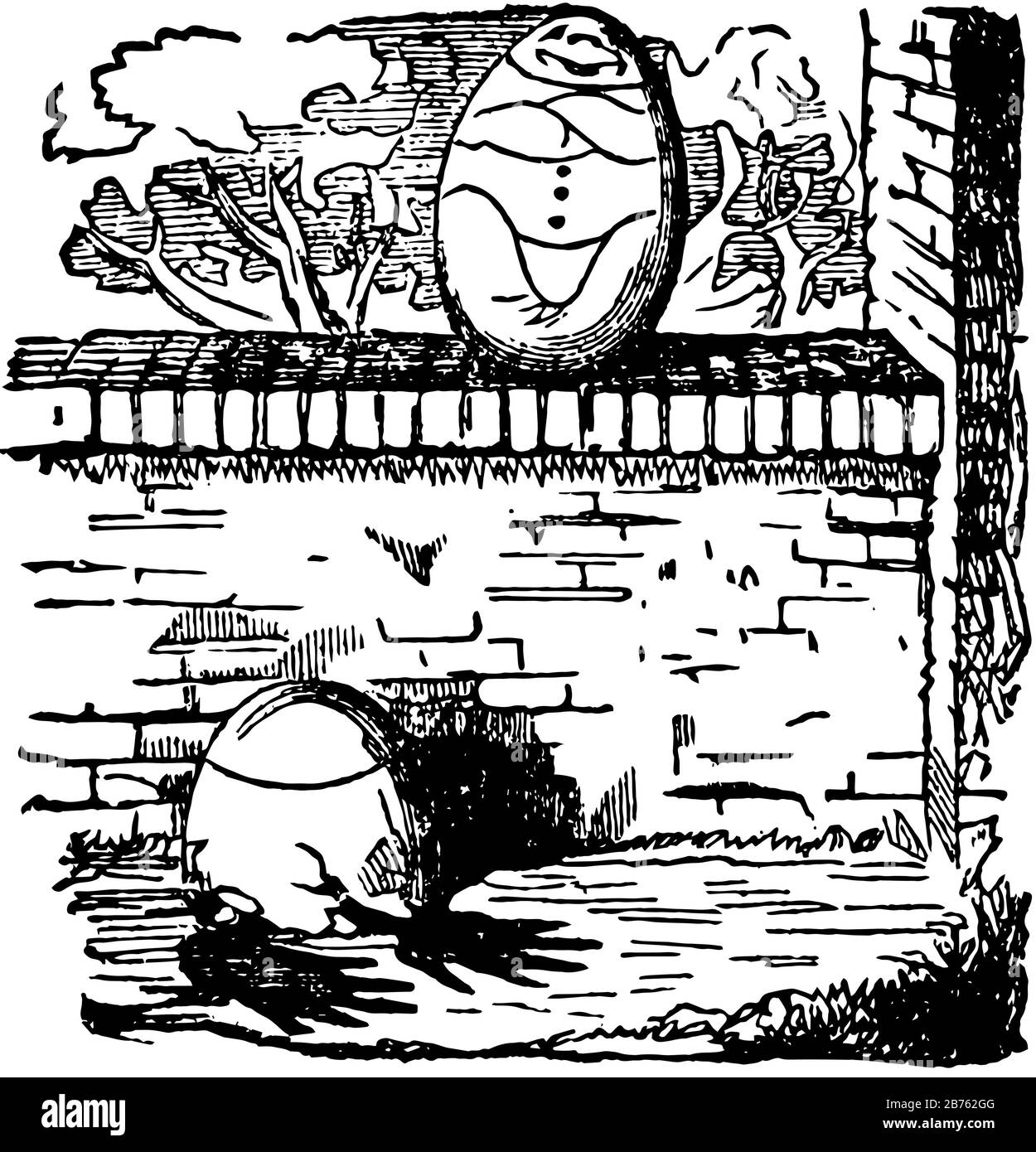 Humpty Dumpty, diese Szene zeigt zwei Eier, ein Ei fällt auf den Boden und zerbrochen, ein weiteres Ei sitzt an der Wand und lacht, Vintage-Linie Zeichnung oder Gravemi Stock Vektor