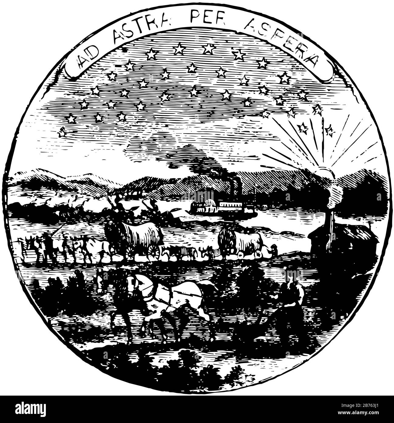 Das offizielle Siegel des US-Bundesstaats Kansas im Jahr 1889, SEAL hat aufgehende Sonne, Fluss und ein Dampfschiff, ein Mann pflügt mit einem Paar Pferden, Laufzug Stock Vektor