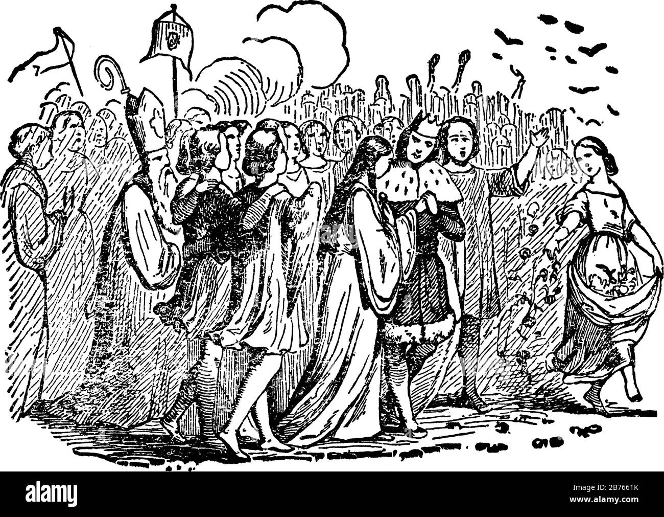 Der König, der die Hand des Weibchens hält und zusammen geht, die Frau, die Blumen auf dem Boden verteilt, um sie zu empfangen, andere Menschen, die hinter ihnen spazieren, alter lin Stock Vektor