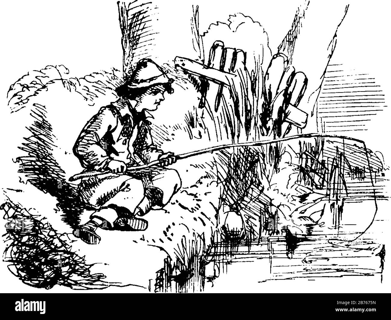 Ein Junge fängt Fische mit Angelpfahl im Teich, Vintage-Zeichnung oder Gravur Illustration Stock Vektor