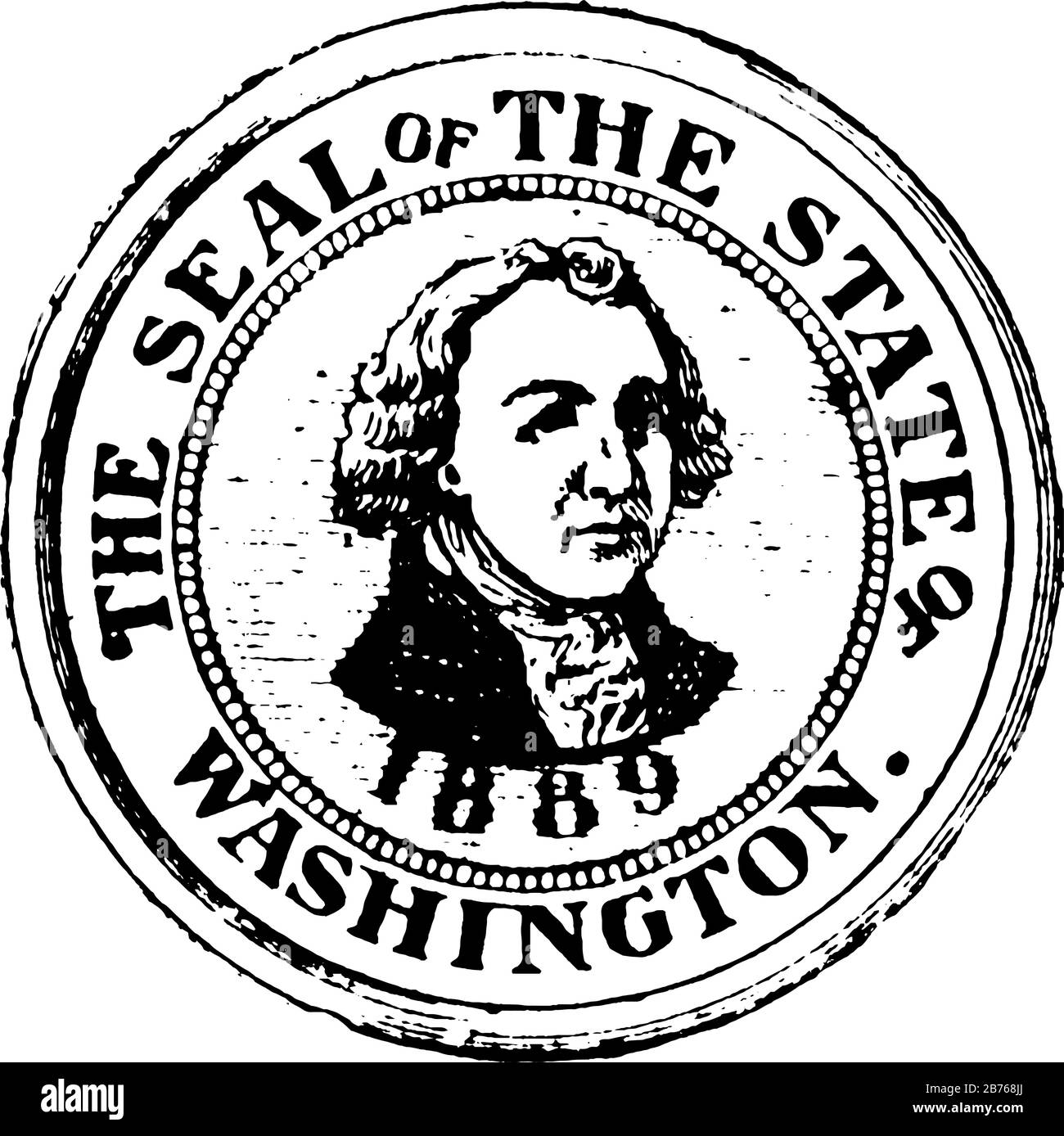 Siegel des Staates Washington, 1904/05, dieses Siegel in Kreisform hat ein Porträt von George Washington im Zentrum, DAS SIEGEL DES STAATES WASHINGTON von 1889 Stock Vektor