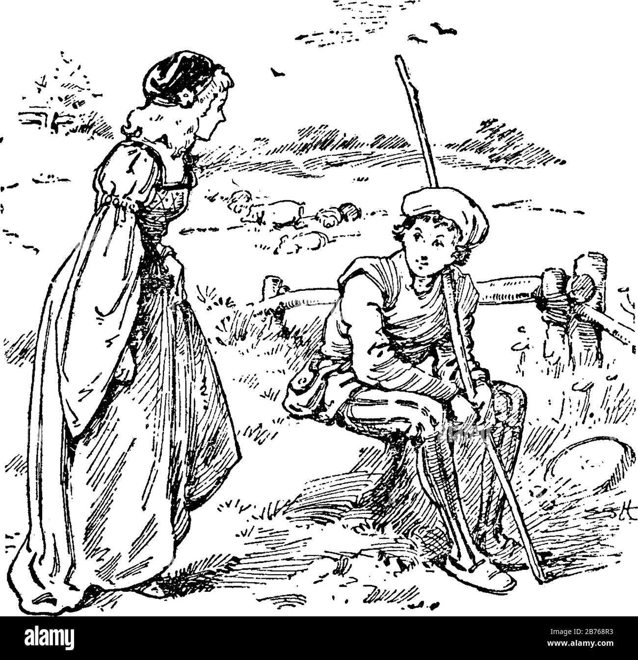 Prinz und Prinzessin, diese Szene zeigt einen jungen Jungen mit Stock, der auf Rock sitzt und ein junges Mädchen in seiner Nähe steht und mit ihm spricht, klassische Strichzeichnung Stock Vektor