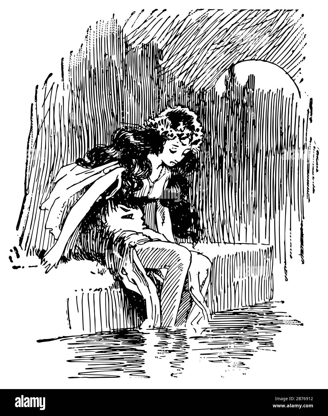 Kleine Meerjungfrau, diese Szene zeigt ein Mädchen, das in der Nähe von Wasser und ihren Beinen im Wasser sitzt, Vintage-Zeichnung oder Gravurdarstellung Stock Vektor