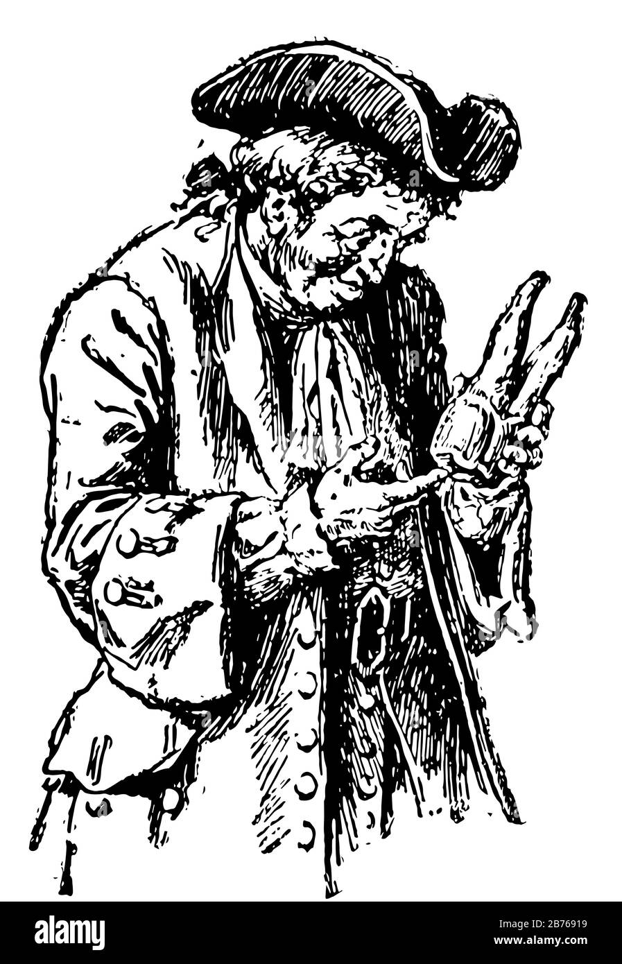 Kapitän, diese Szene zeigt einen Mann, der Hut trug und einen großen Zahn ansah, der in der Hand hält, Vintage-Linien-Zeichnung oder Gravier-Illustration Stock Vektor