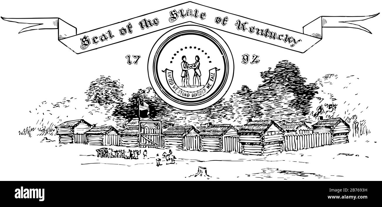 Das Siegel der Vereinigten Staaten von Kentucky im Jahre 173 zeigt zwei Männer, einen in Buchhaut, einen anderen in formalem Kleid, sie stehen einander gegenüber und Klammern die Hände, b Stock Vektor