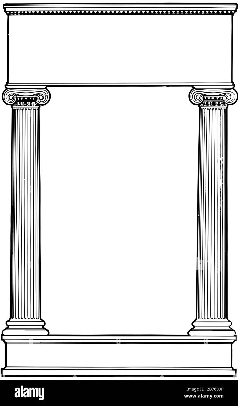 Ionische Säulen haben in diesem Muster zwei Säulen links und rechts, eine Vintage-Linie oder eine Gravurzeichnung. Stock Vektor