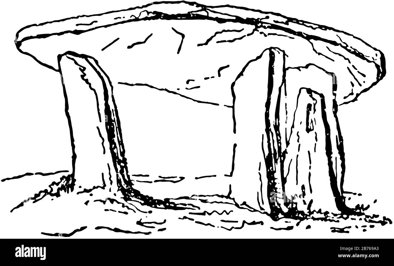 Dolmen besteht im Allgemeinen aus einem großen Flachstein, der typischerweise mit Erde oder kleineren Steinen bedeckt ist und keine klaren Beweise, Vintage-Linie, hat Stock Vektor