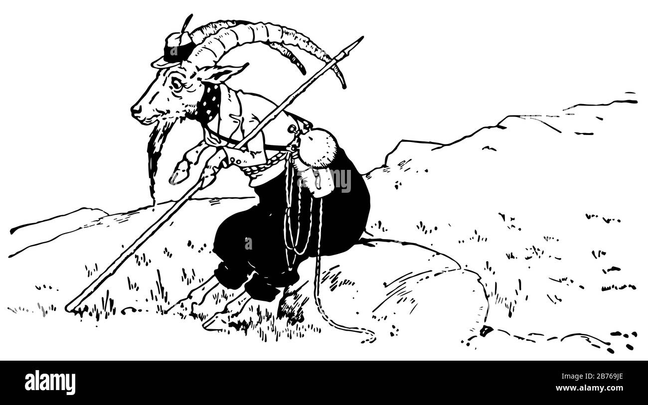Ibex, diese Szene zeigt Ibex-Tier im menschlichen Kleid mit Hut auf dem Kopf, auf dem Stock zu halten und auf Rock, Vintage-Linie Zeichnung oder Gravur Illustration zu sitzen Stock Vektor