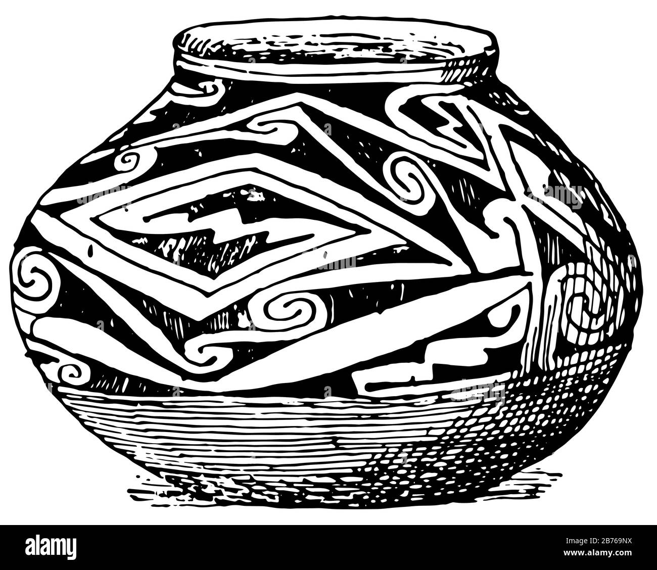 Mexican Bowl l mit Spiralen und Zickzacken skizziert, sie sind American Museum of Natural History in New York, Vintage-Line-Zeichnung oder Gravur Illustration Stock Vektor