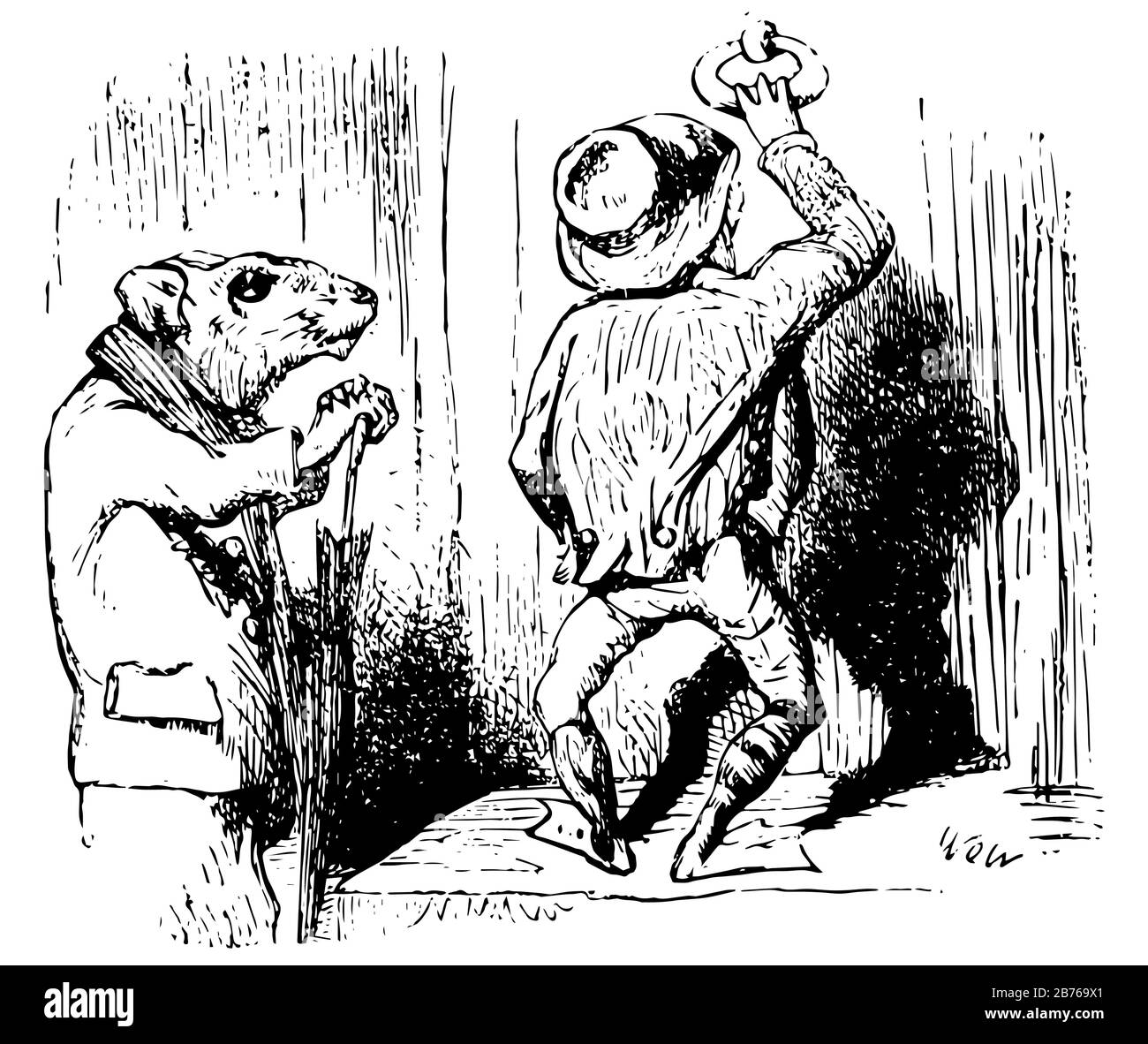 Frog Go A-Wooing, diese Szene zeigt eine Ratte in der Jacke und steht in der Nähe eines Mannes, hält Regenschirm, Vintage-Linie Zeichnung oder Gravur Illustration Stock Vektor