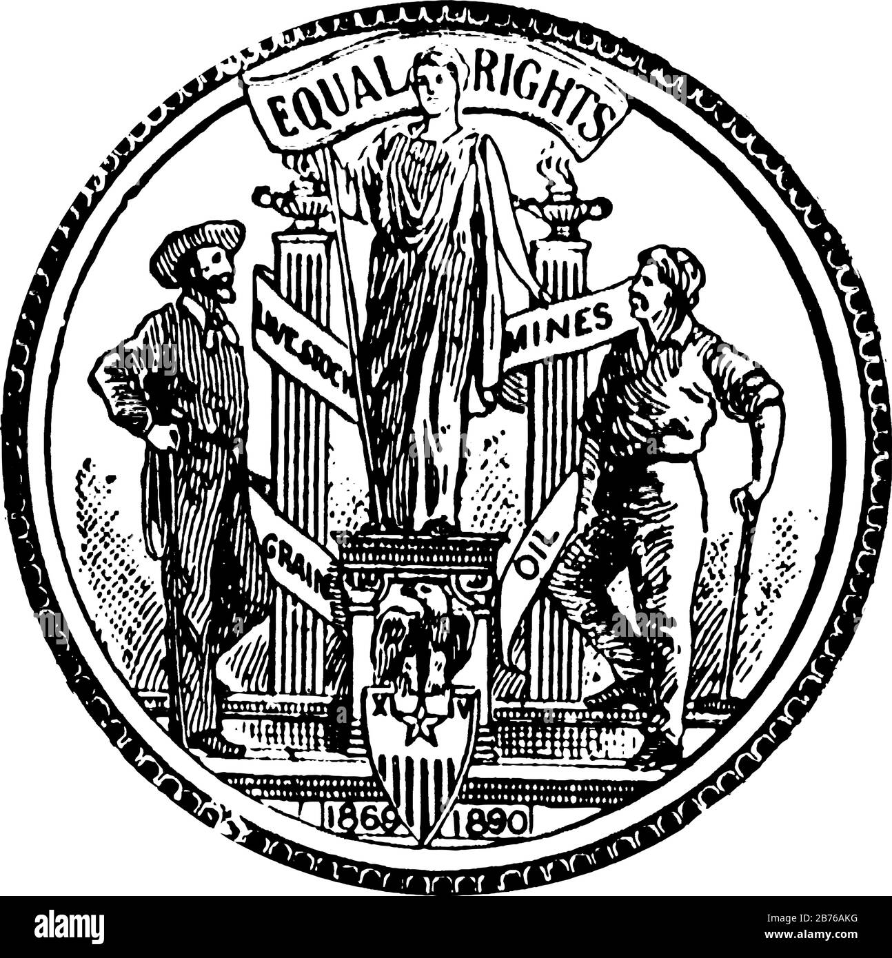 Siegel des Gebietes von Wyoming, 1904/05, dieses kreisförmige Siegel hat zwei Männer auf beiden Seiten von Statue, Adler und Schild mit Streifen, GLEICHE RECHTE ist wri Stock Vektor