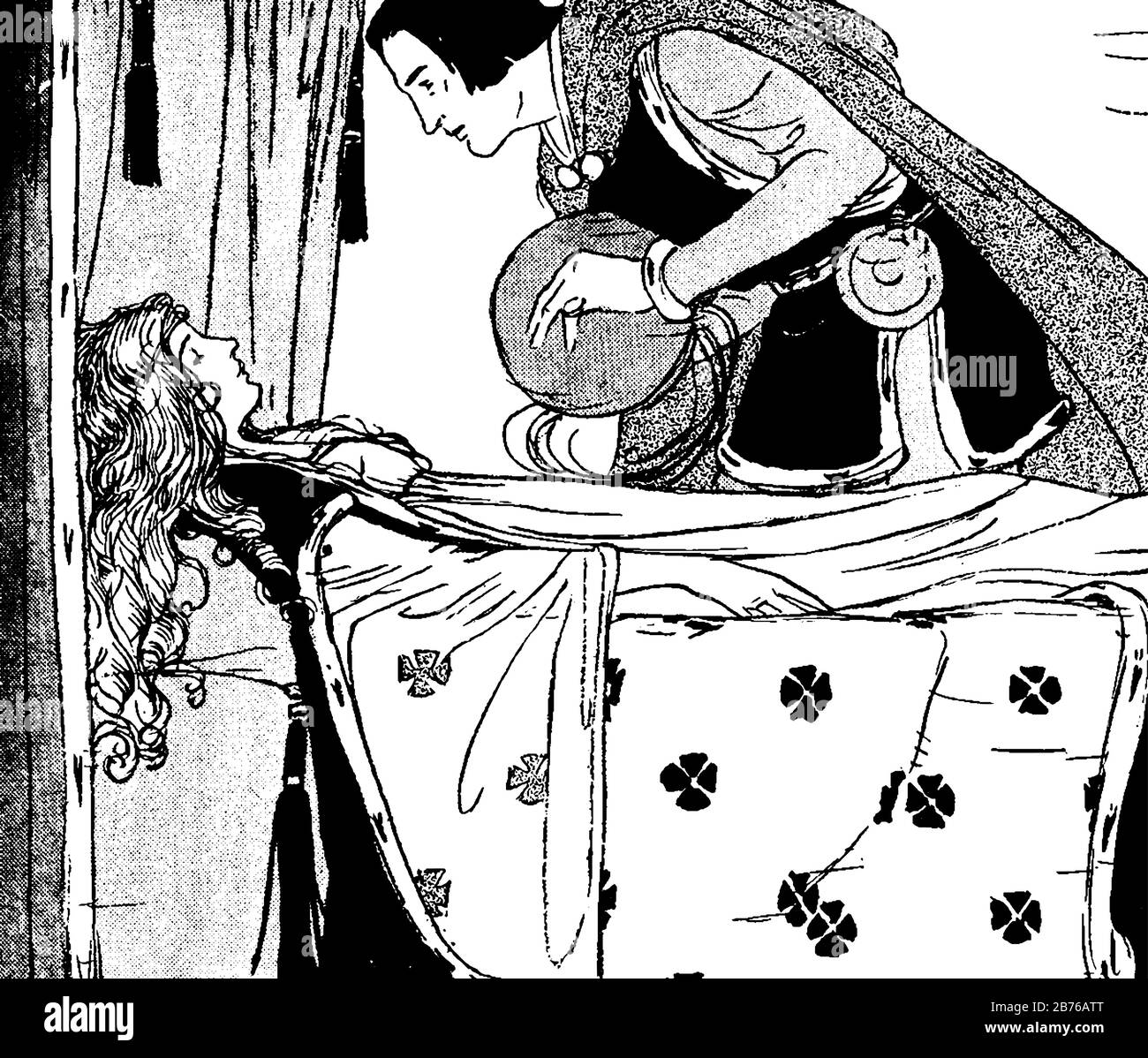 Eine junge Frau, die auf dem Bett schläft, ein junger Mann, der in der Nähe des Bettes steht und sich ihr ansieht, eine klassische Zeichnung oder Gravurdarstellung Stock Vektor