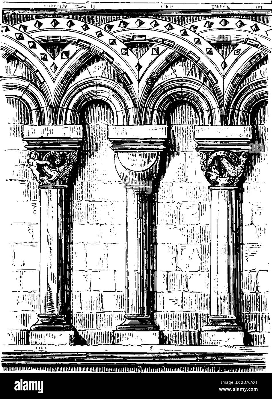 Romanische Bögen, ein Baustil des mittelalterlichen Europas, halbrunde Bögen, die am häufigsten gehaltenen, Vintage-Linien-Zeichnungen oder Gravur illustrr Stock Vektor