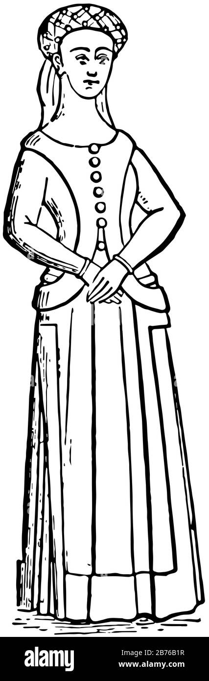 Tochter von Edward III. Maßgebliche typische Illustrationen des Frauenkleides, Vintage-Line-Zeichnung oder Gravurdarstellung. Stock Vektor