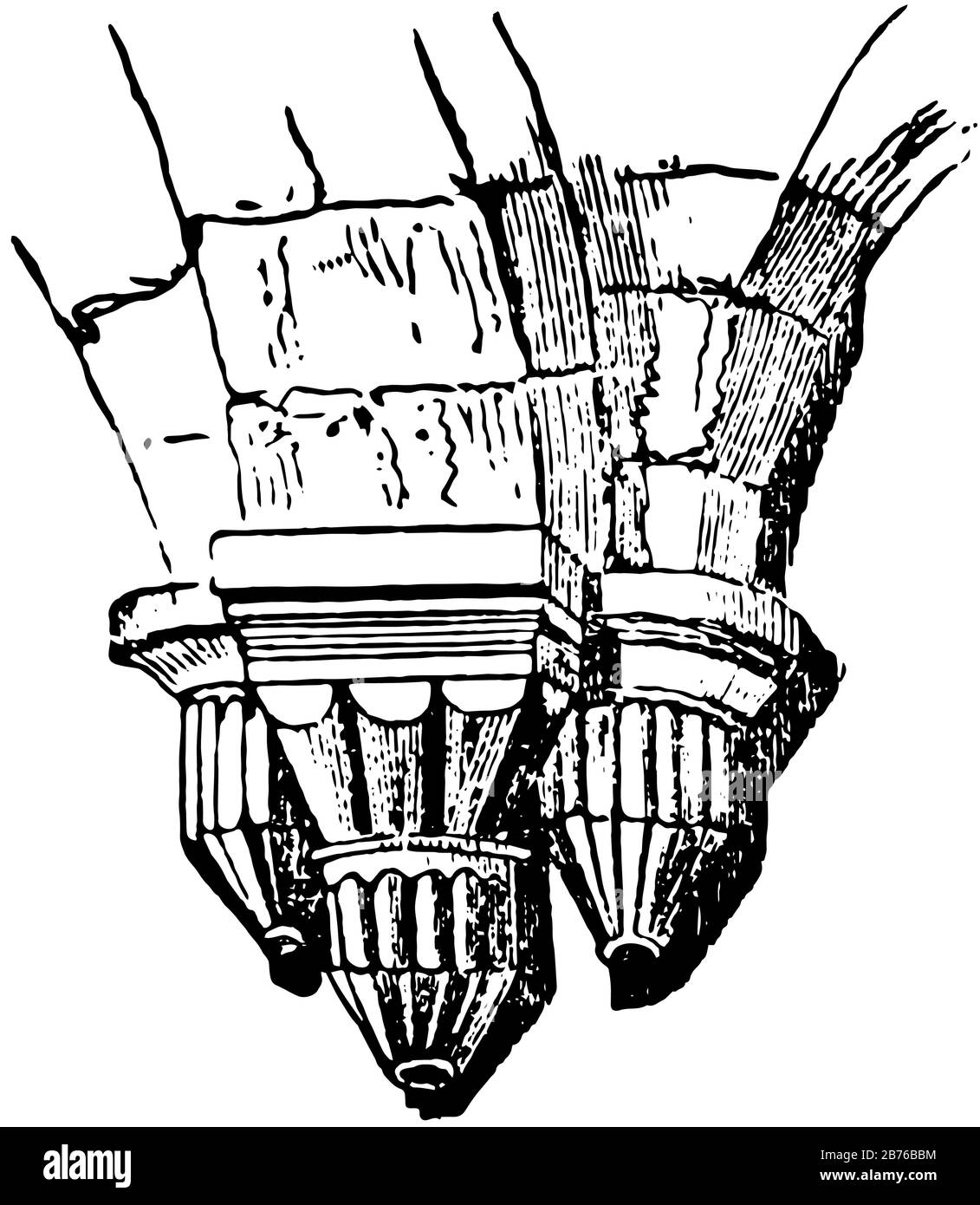 Corbel ein Schmuck in Form eines Korbes, Köpfe von Karvatiden in gotischer Architektur, ornamentierte Projektion für Stützpfeiler, Vintage lin Stock Vektor