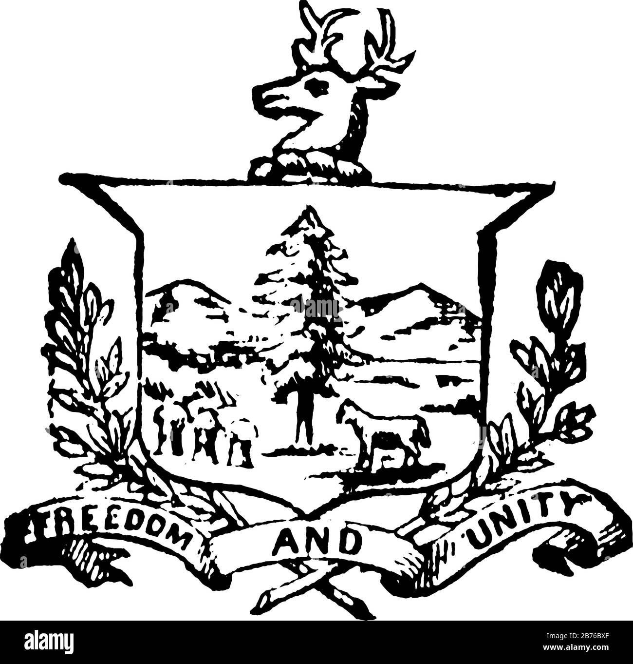Siegel des Staates Vermont, 1890, diese Robbenhöhlen, Kiefer, Kuh, Buckkopf oben, sie hat auch Berge im Hintergrund, FREIHEIT UND EINHEIT ist w Stock Vektor