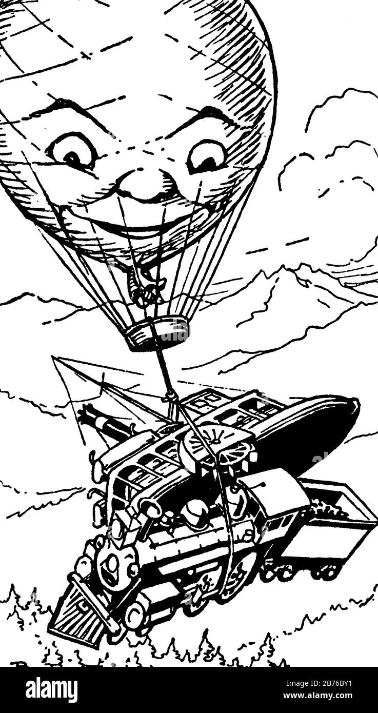 Heißluftballon zieht Dampfschiff und Dampflok hoch, Vintage-Linien-Zeichnung oder Gravurzeichnung Stock Vektor Heißluftballon zieht Dampfschiff und Dampflok hoch, Vintage-Linien-Zeichnung oder Gravurzeichnung Stock Vektor