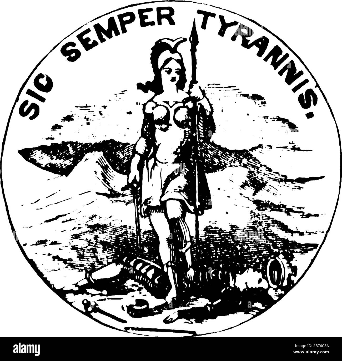 Siegel des commonwealth of Virginia, 1904/05, dieses Siegel in Kreisform hat eine stehende Göttin ihr ein Bein auf einem gefallenen Mann gehalten, Speer & Schwert in ihren Händen, Stock Vektor