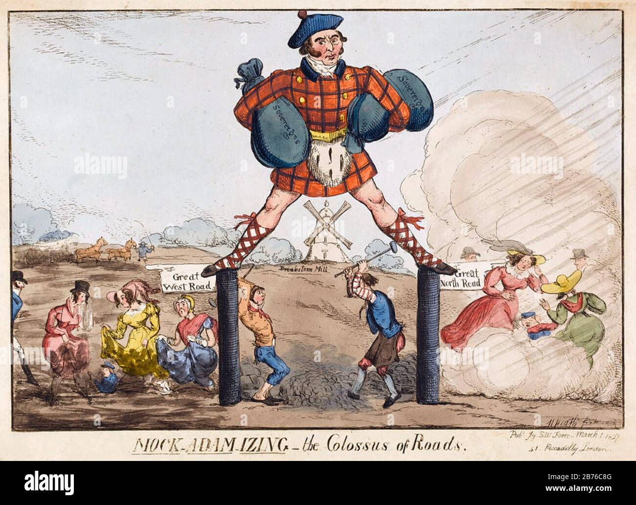 JOHN McAdam (1756-1836) schottischer Bauingenieur. Ein Cartoon aus dem Jahr 1826, der zeigt, wie Macadums Straßenbaumethode mit den Problemen von Schlamm und Staub abging. Hier als Koloss der Straßen dargestellt, wurde dieser Name später auf seinen zweiten überlebenden Sohn James angewendet. Stockfoto