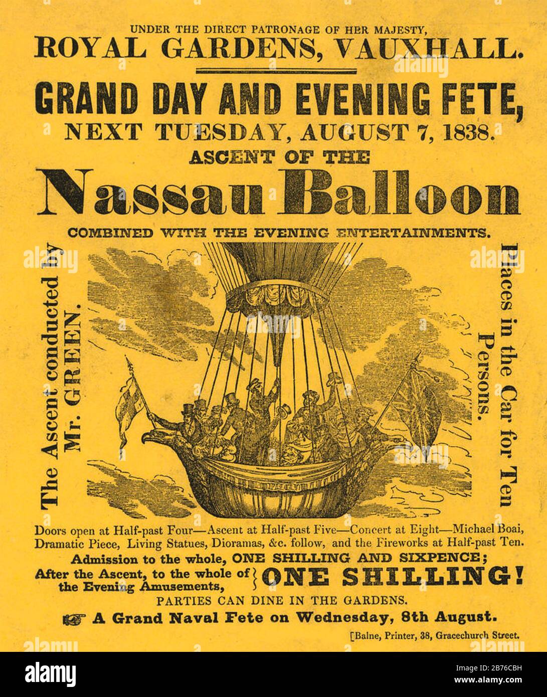 CHARLES GREEN (1785-1870) englischer Ballonist. Plakat für den Start seines Nassauischen Ballons im Vauxhall, London, im Jahr 1838. Stockfoto