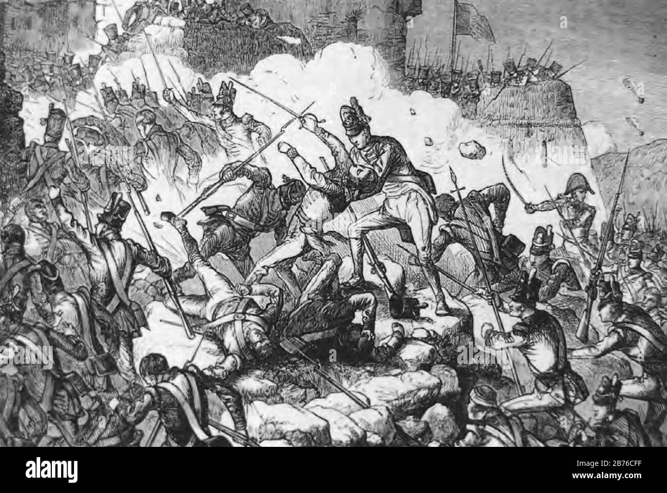 BELAGERUNG VON CIUDAD RODRIGO 7. BIS 20. JANUAR 1812. Britische Soldaten stürmen die Festung während des Peninsula-Krieges Stockfoto