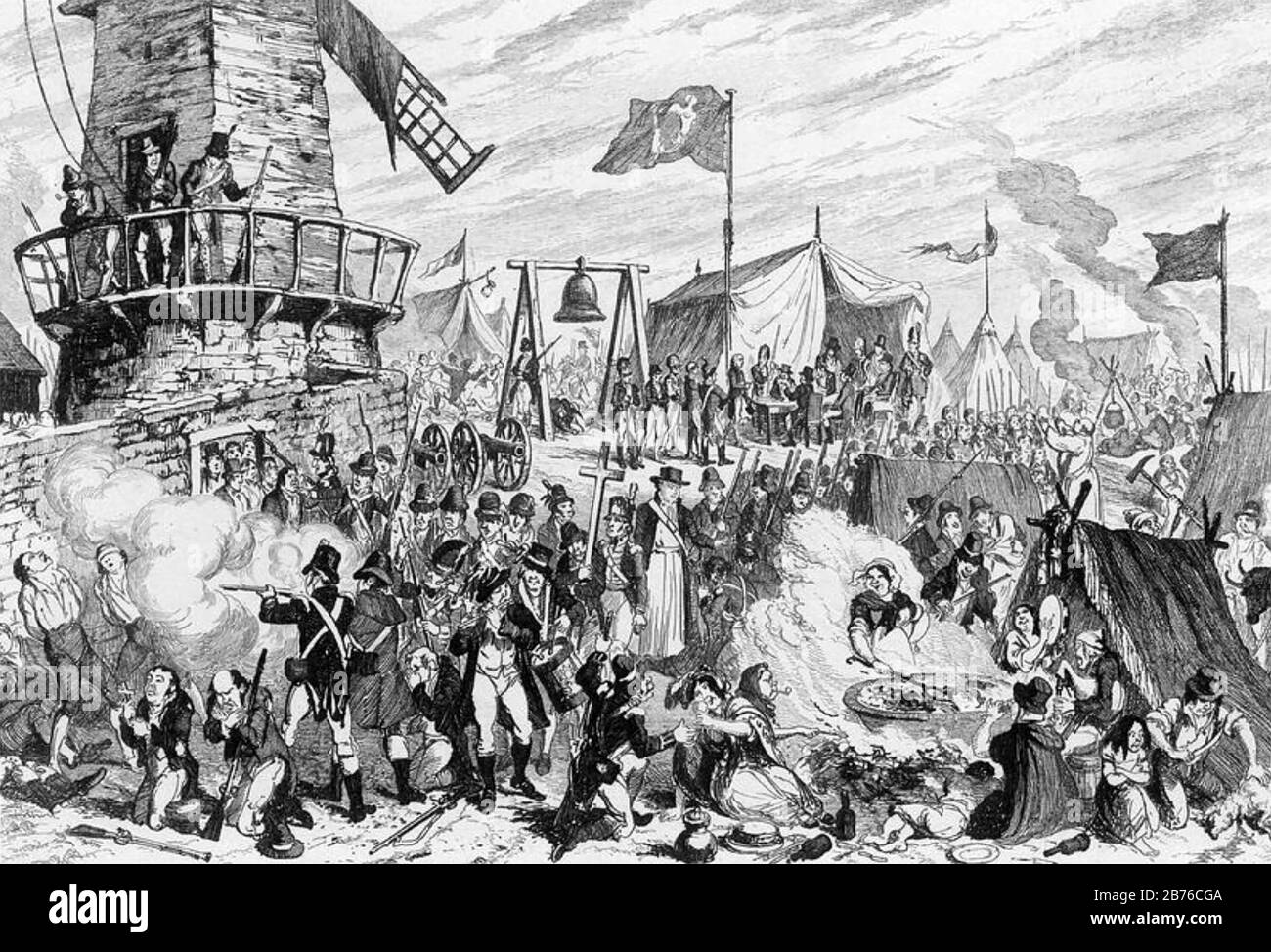 SCHLACHT VON ESSIG HILL 21. Juni 1798, Enniscorthy, County Wexford. George Cruikshanks Cartoon "Lappooning the United Irishmen", erschienen in William Maxwells "History of the Irish Rebellion" im Jahr 1798, die im Jahr 1844 veröffentlicht wurde Stockfoto