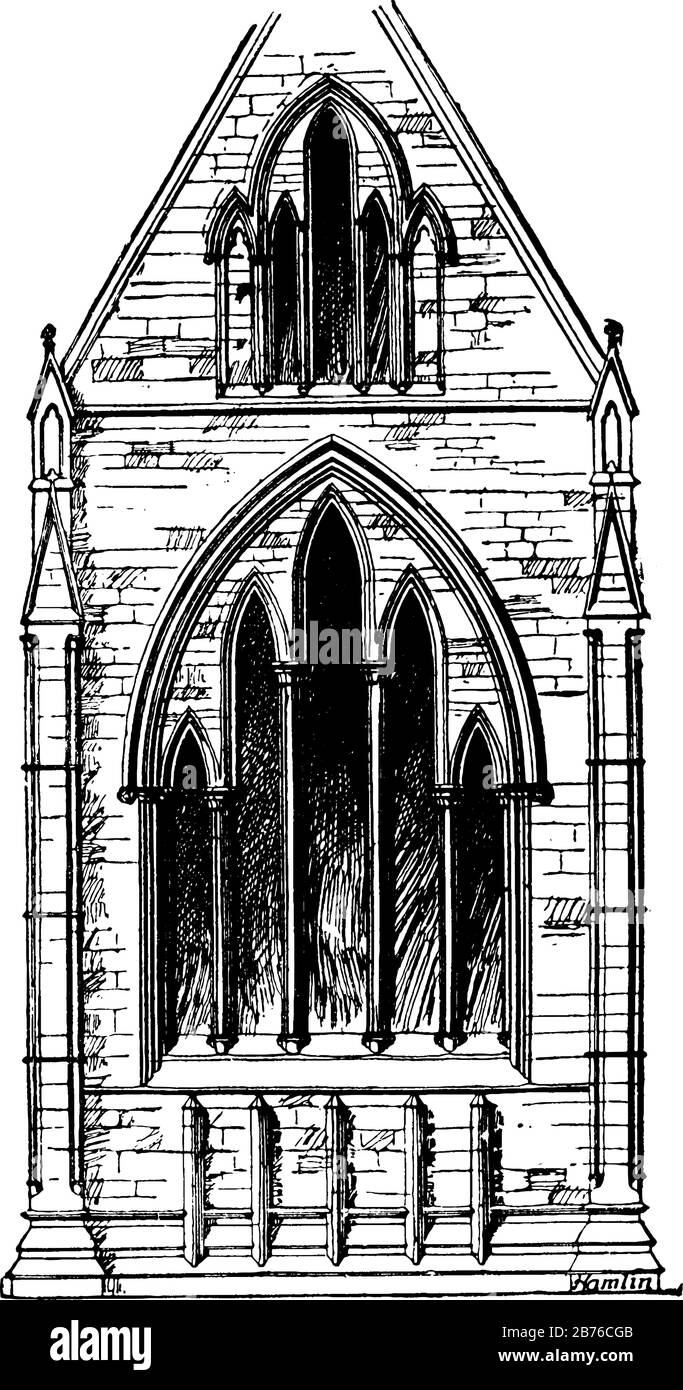Lancet Windows in der Chester Cathedral, Frühenglischer Stil, architektonisches Motiv sind typisch für die Gotik der Kirche, frühester Zeitraum, Vintage Line Drawing Stock Vektor
