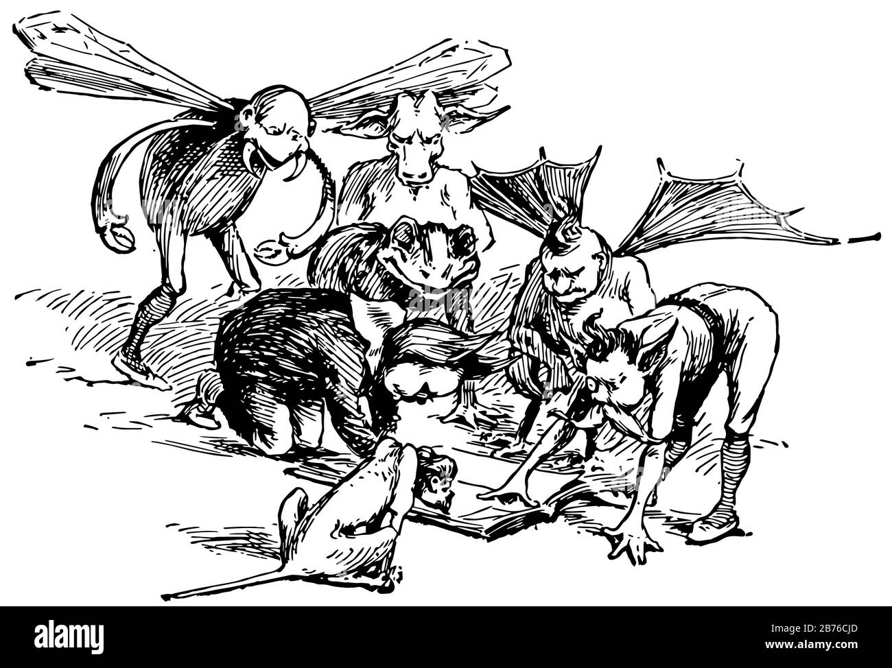 Moon Boys, diese Szene zeigt Jungen mit Flügeln und tierischen Körperteilen, die in Buch, Vintage-Line-Zeichnung oder Gravier-Illustration schauen Stock Vektor