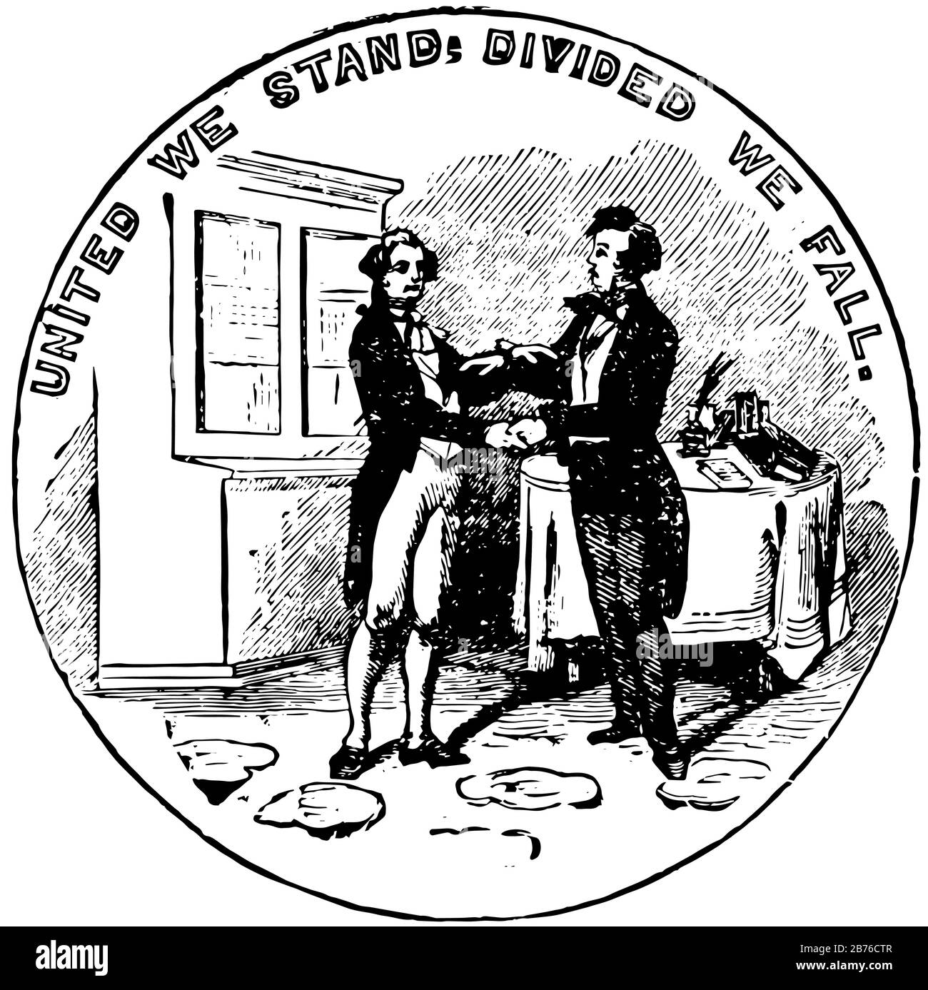 Das offizielle Siegel des US-Bundesstaats Kentucky im Jahr 1889 zeigt zwei Männer, einen in Buchskin, einen anderen in formalem Kleid, sie stehen sich gegenüber und kleiden Stock Vektor