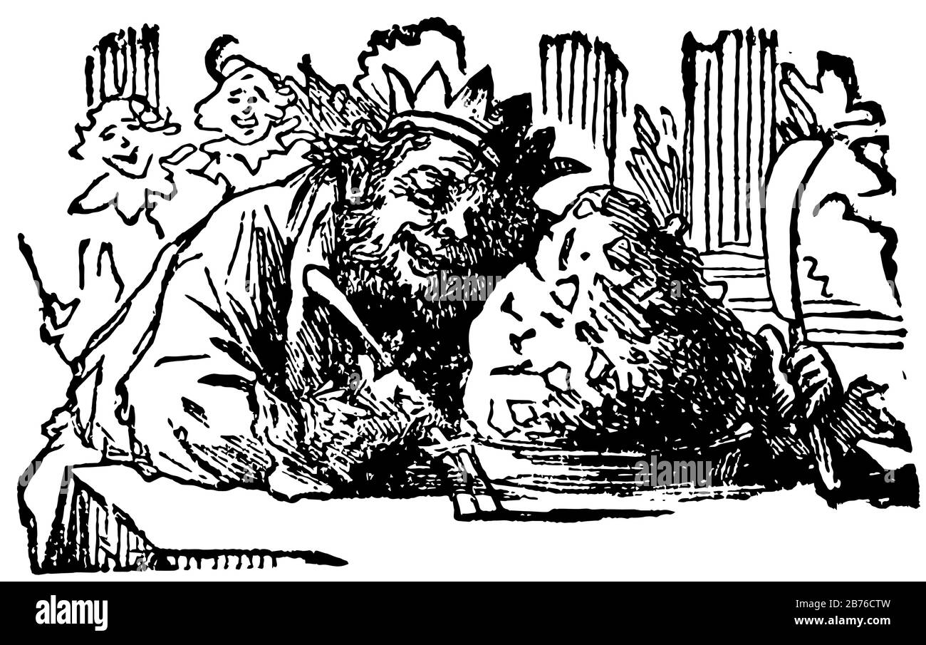König Arthur, diese Szene zeigt den König, der Pudding isst, der auf dem Tisch gehalten wird, und zwei Personen im Hintergrund, Vintage-Linien-Zeichnung oder Gravur, die illustriert sind Stock Vektor
