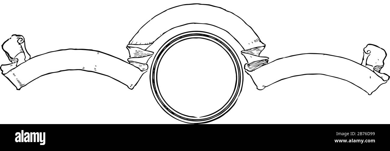 Leeres Banner kann eine Fahne und ein Kreis in der Mitte, eine Vintage-Linien-Zeichnung oder eine Gravurdarstellung sein. Stock Vektor