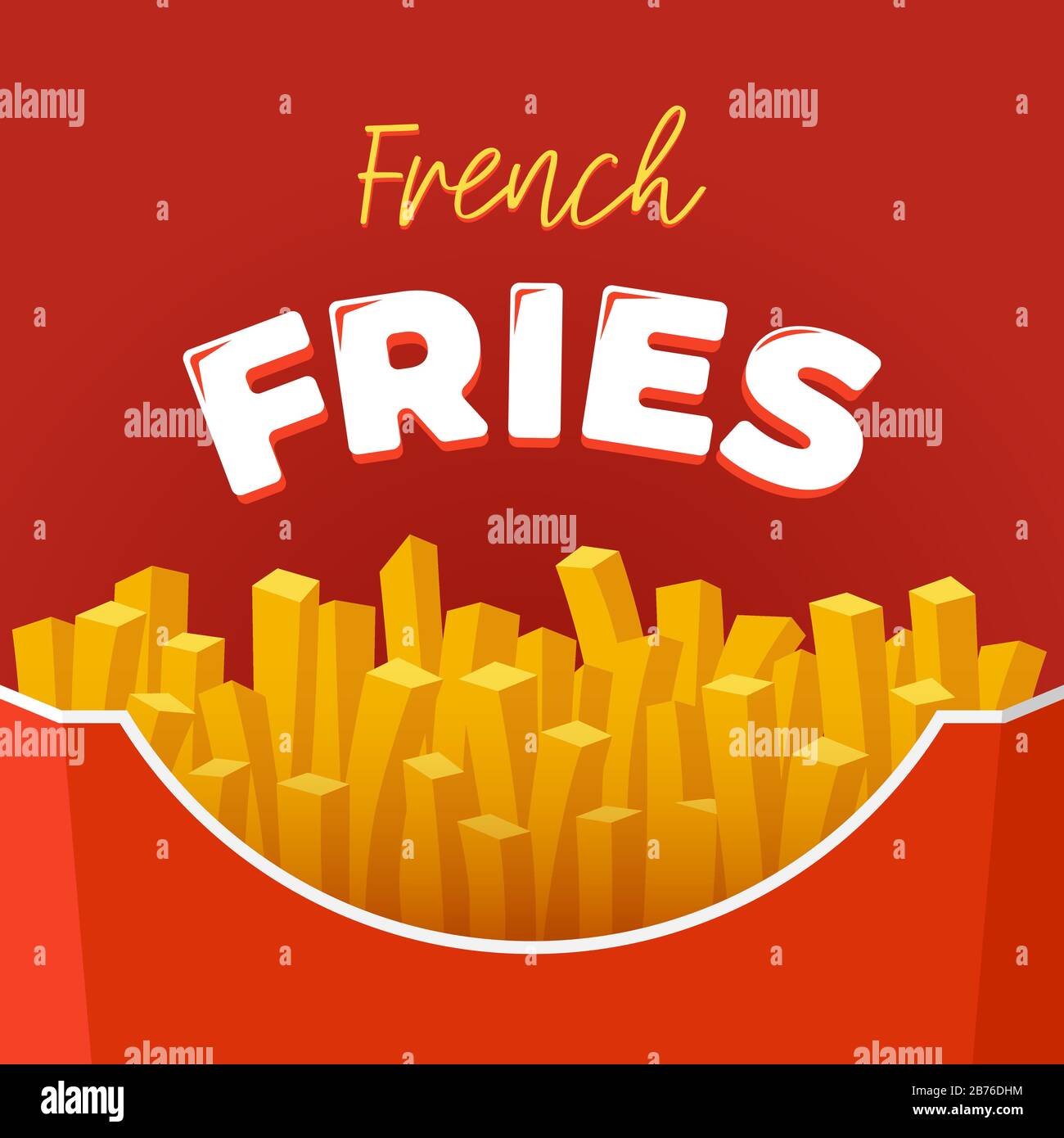 Pommes frites leckere Fast Street Food in roten Karton Karton-Box mit Schriftzug Inschrift Werbung Poster Design. Vector Kartoffelbraten flaches Restaurant Banner oder Werbeflyer Vorlage Stock Vektor