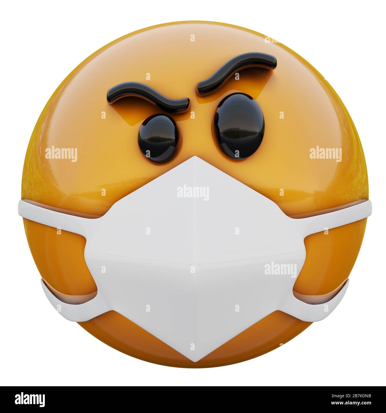 3D-Darstellung verdächtiger gelber Emoji-Gesichter in medizinischer Maske zum Schutz vor Coronavirus 2019-nCoV, MERS-nCoV, sars, Vogelgrippe und anderen Viren Stockfoto