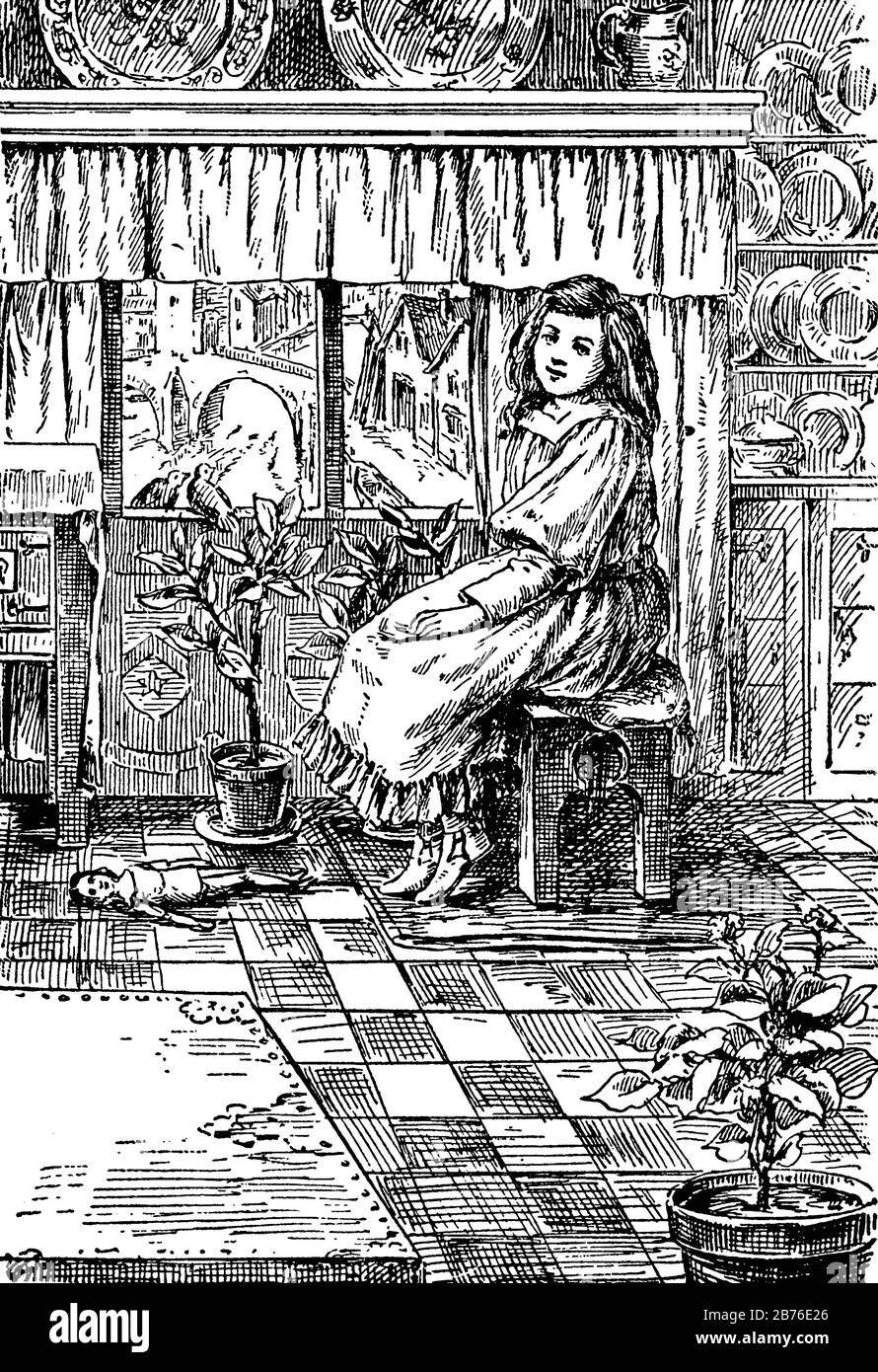 Gerda, diese Szene zeigt ein Mädchen, das auf dem Tisch in der Nähe von Fenster sitzt, zwei Vögel in Fenster und Puppe am Boden, kleine Pflanzen in Töpfen, Vintage Line Drawing oder eng Stock Vektor