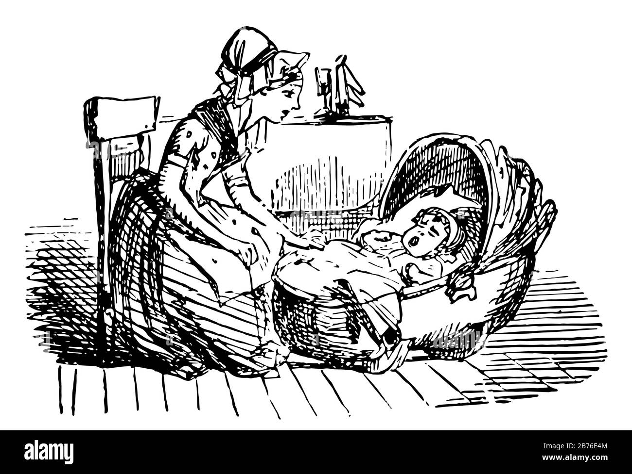Auf Wiedersehen zeigt diese Szene Baby in der Wiege, eine Dame, die in einem Stuhl in der Nähe der Wiege sitzt und Baby-, Vintage-Linien-Zeichnung oder Gravier-Illustration betrachtet Stock Vektor