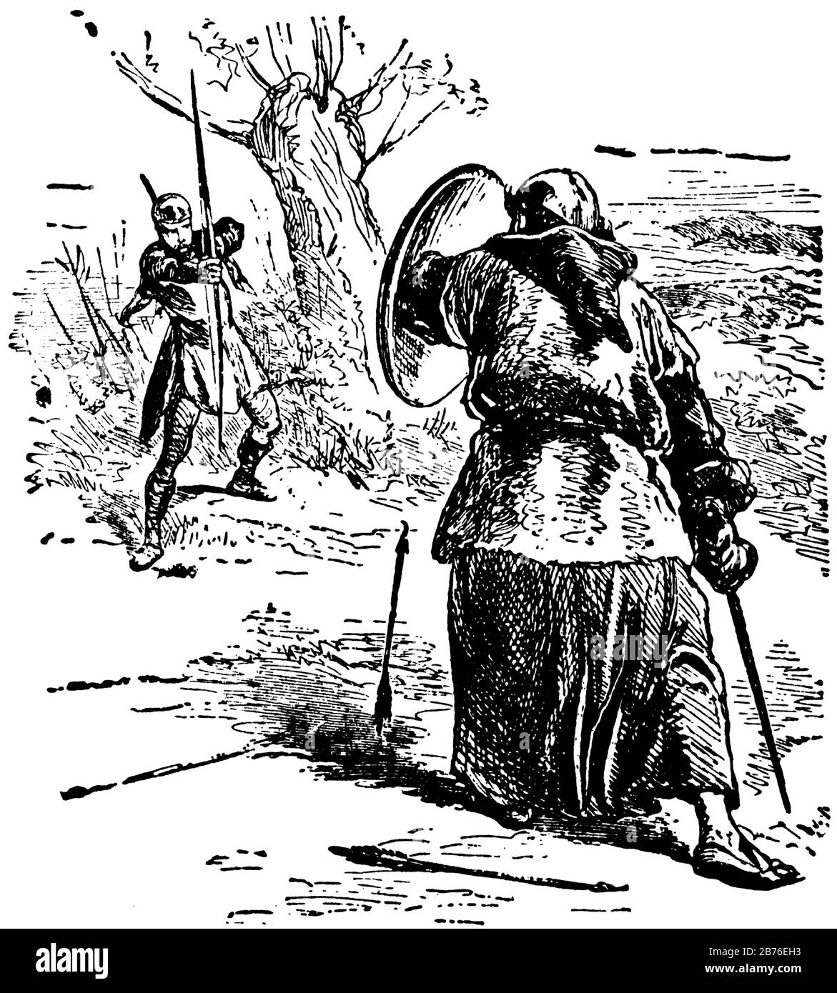 Ein Mann, der Pfeile mit Bogen auf einen anderen Mann schießt, der vor ihm steht, der sich mit Schild, Baum im Hintergrund, Vintage-Line-Drawi beschützt Stock Vektor