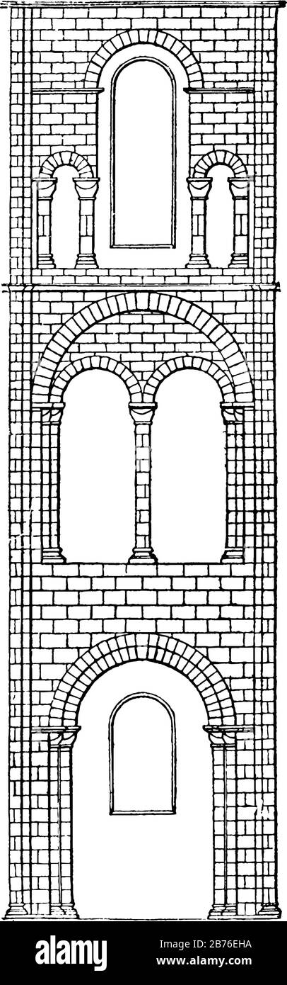Die sächsische Architektur umfasst die gesamte englische Architektur vor der Gotik, die sich durch runde Türen und Fenster, Vintage-Linie auszeichnet Stock Vektor