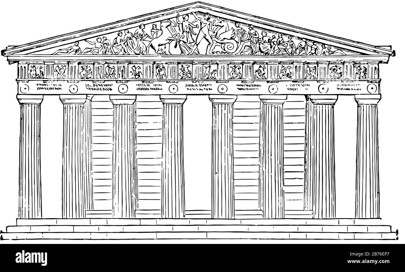 Parthenon wiederhergestellt, der höchste Teil der Akropolis, in der Nähe seines Zentrums, wahrscheinlich besetzt die Stätte, ein früherer Tempel, ganz aus Pentelic Marmor, Stock Vektor