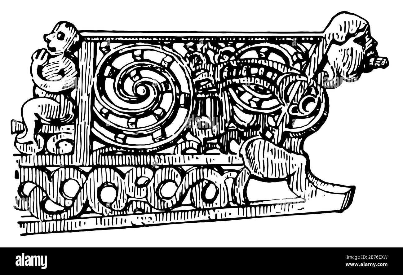Kanu-Detail der Holzschnitzerei auf Cano, Vintage-Linien-Zeichnung oder Gravur Illustration. Stock Vektor