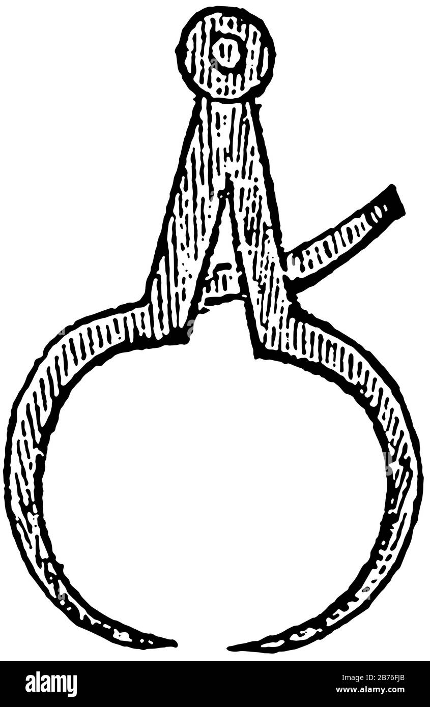 Eine Art Kompass zur Messung des Durchmessers von runden Körpern, Vintage-Linien-Zeichnung oder Gravurdarstellung. Stock Vektor